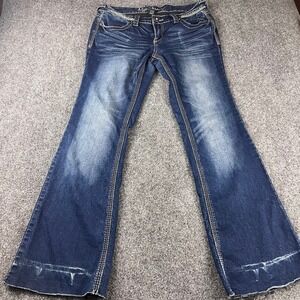 Ariya Jeans Womens 7/8 Dark Wash Flare Leg Embroidered Low Rise Denim Blue